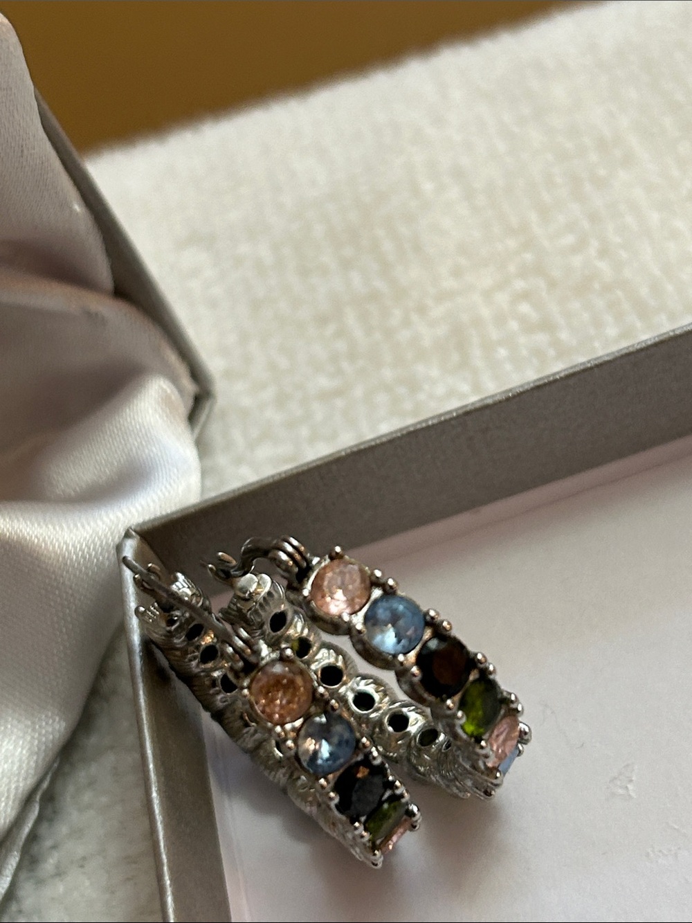 Stainless steel Multi-Stone Hoop Earrings Pink and Blue, Green & Black Accent